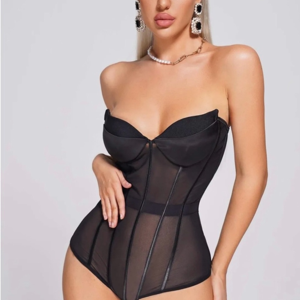 Bella Barnett black Celeste Mesh satin effect strapless bustier corset Bodysuit